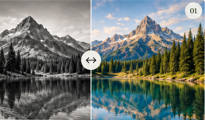 Comparaison d’un paysage de montagne en niveaux de gris et en couleur