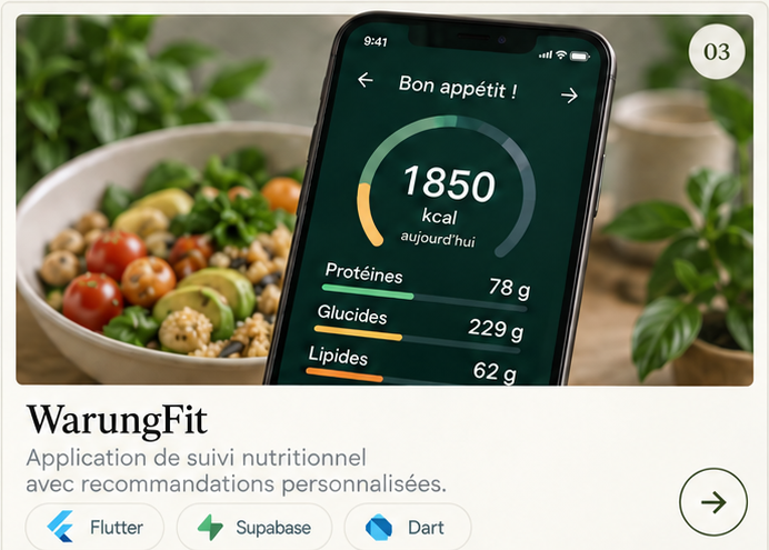 Écran mobile WarungFit présentant un repas et ses informations nutritionnelles