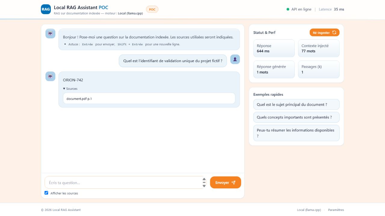 Interface du Local RAG Assistant montrant une réponse sourcée depuis document.pdf