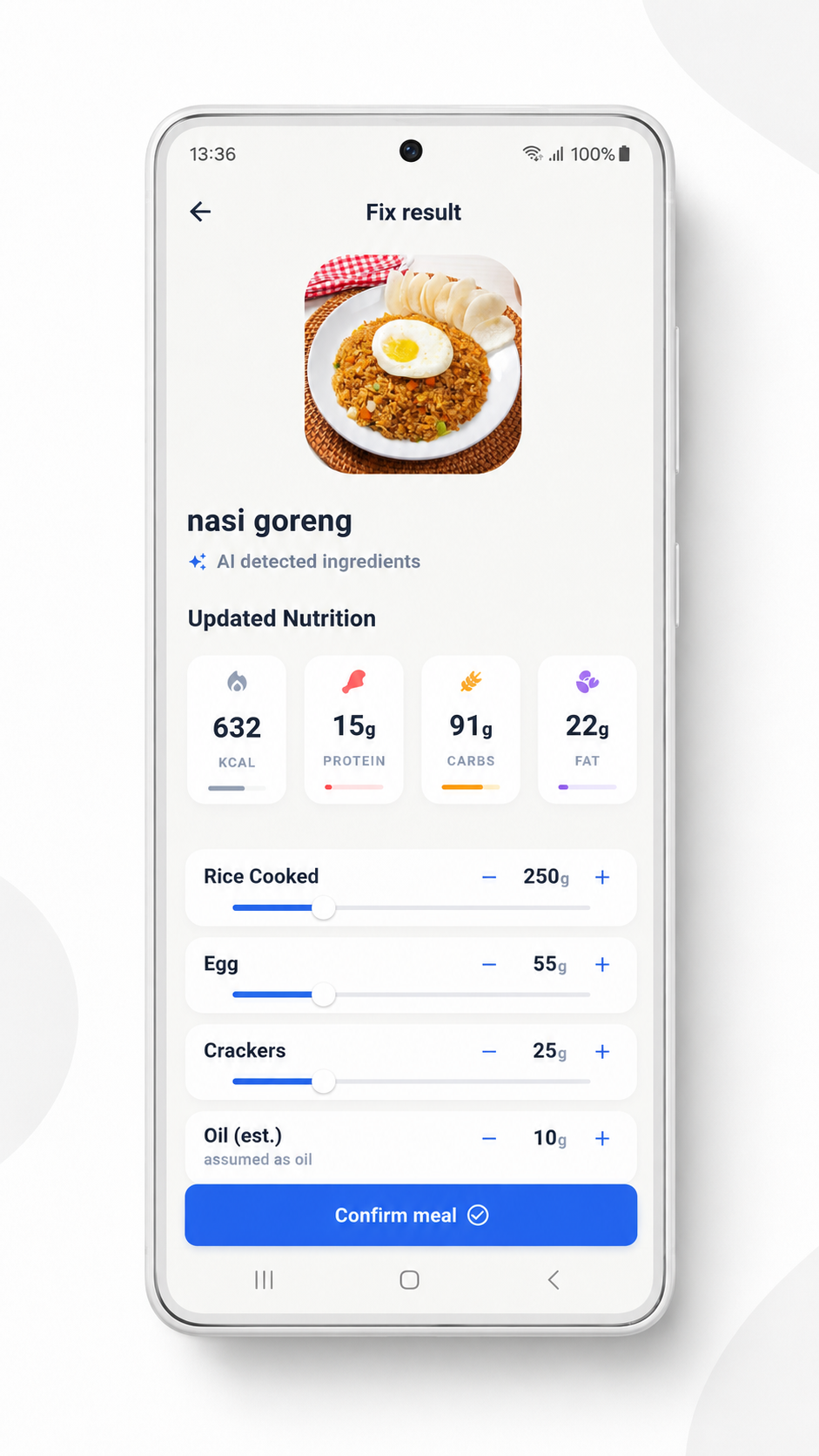 Écran de correction des ingrédients d’un repas WarungFit