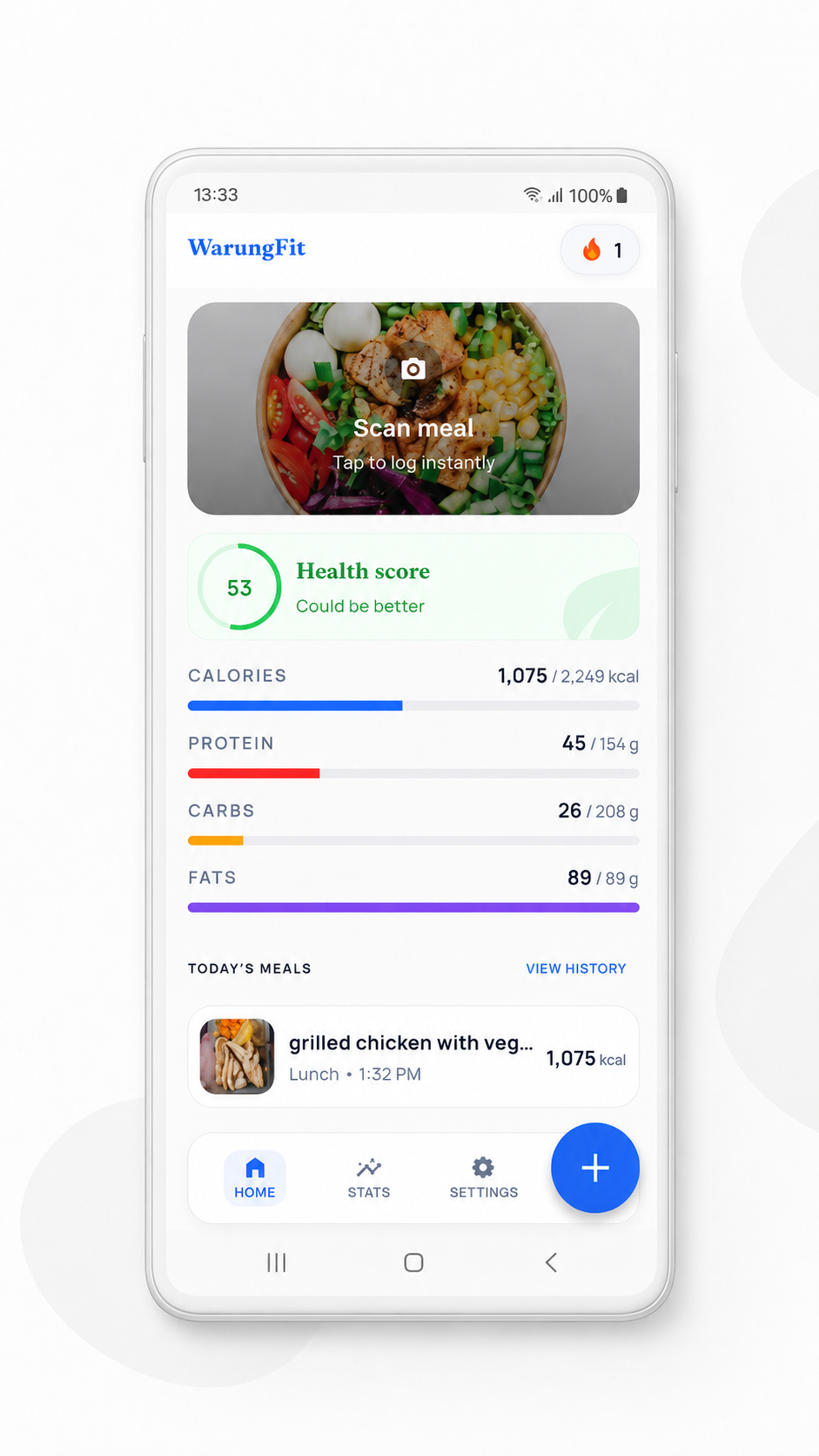 Écran d’accueil WarungFit avec le suivi des calories et des repas